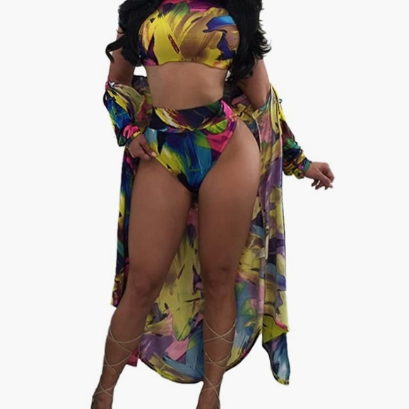 NEW 3 Piece High Waist Printed Bikini - Picture 1 of 8